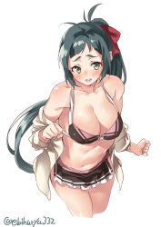 Rule 34 | 1girl, bikini, bikini skirt, blouse, blush, bow, breasts, ebifurya, embarrassed, green eyes, green hair, halterneck, highres, irako (kancolle), kantai collection, large breasts, long hair, looking at viewer, one-hour drawing challenge, open clothes, open mouth, open shirt, ponytail, red bow, shirt, simple background, solo, swimsuit, twitter username, white background, white shirt