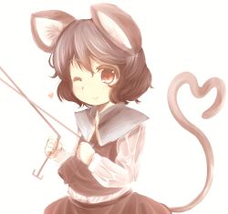 Rule 34 | 1girl, akatsuki no guuru, animal ears, bad id, bad pixiv id, blush, dowsing rod, heart, heart tail, highres, mouse ears, mouse tail, nazrin, one eye closed, short hair, simple background, smile, solo, tail, touhou, white background