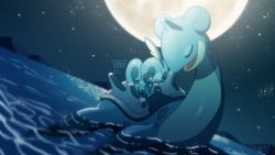 Rule 34 | afloat, closed eyes, commentary request, creatures (company), crying, game freak, gen 1 pokemon, gen 8 pokemon, highres, lapras, moon, night, nintendo, no humans, open mouth, outdoors, pokemon, pokemon (creature), smile, sobble, star (sky), tears, water, watermark, yukifuri tsuyu