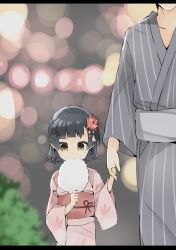 Rule 34 | 10s, 1boy, 1girl, alternate costume, arare (kancolle), bad id, bad nicoseiga id, black hair, blunt bangs, blurry, bokeh, border, brown eyes, cotton candy, depth of field, eating, floral print, flower, gradient background, hair flower, hair ornament, height difference, hetero, holding hands, japanese clothes, kantai collection, kimono, obi, ooyama imo, sash, short hair