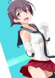 Rule 34 | 1girl, black neckerchief, black sailor collar, breasts, brown eyes, commentary request, cowboy shot, gloves, highres, kantai collection, kote (dew), neckerchief, one-hour drawing challenge, open mouth, purple hair, red skirt, sailor collar, sakawa (kancolle), shirt, short hair, skirt, sleeveless, sleeveless shirt, small breasts, smile, solo, teeth, upper teeth only, white gloves