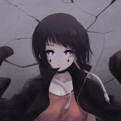 Rule 34 | 1girl, artist name, audio jack, black choker, black hair, black jacket, boku no hero academia, brown shirt, choker, closed mouth, collarbone, commentary request, facial mark, glowing, glowing eyes, jacket, jirou kyouka, lawnielle, looking at viewer, open clothes, open jacket, purple eyes, shirt, short hair, signature, solo, stone wall, upper body, wall