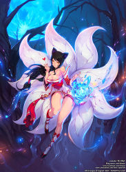Rule 34 | 1girl, ahri (league of legends), animal ears, black hair, braid, braided ponytail, breasts, character name, cleavage, copyright name, energy ball, facial mark, fox ears, fox tail, full body, full moon, glowing, korean clothes, large breasts, league of legends, lenn sparrow, long hair, magic, md5 mismatch, moon, multiple tails, nail polish, orange eyes, orb, single braid, solo, tagme, tail, very long hair, watermark, web address, whisker markings