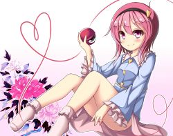 Rule 34 | 1girl, blue shirt, commentary, flower, frilled shirt collar, frilled sleeves, frilled socks, frills, gradient background, headband, heart, heart of string, holding, komeiji satori, legs, long sleeves, looking at viewer, mochizuki hull, no shoes, pink background, pink eyes, pink flower, pink hair, pink rose, pink skirt, pink socks, rose, shirt, short hair, simple background, skirt, smile, socks, solo, string, string of fate, third eye, touhou, white background, white flower, white rose, wide sleeves