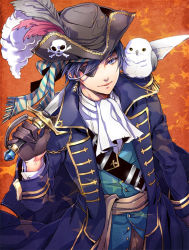 Rule 34 | 1boy, aiguillette, animal, animal on shoulder, arm at side, ascot, bad id, bad pixiv id, bicorne, bird, bird on shoulder, black gloves, blue coat, carrying over shoulder, coat, doro (sabarudoro), epaulettes, eyepatch, from above, gloves, gold trim, hand up, hat, hat feather, head scarf, holding, holding sword, holding weapon, ikemen ooku, jolly roger, long sleeves, looking at viewer, male focus, non-web source, orange background, owl, partially unbuttoned, pirate costume, pirate hat, plume, purple eyes, purple hair, sash, scarf, skull and crossbones, smile, solo, star (symbol), star print, starry background, striped clothes, striped scarf, sword, weapon, white ascot, xeno gerald