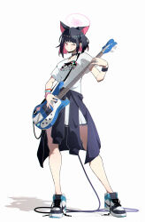 Rule 34 | 1girl, absurdres, alternate costume, animal ears, bass guitar, black choker, black hair, black jacket, blue archive, bracelet, cat ears, choker, clothes around waist, colored inner animal ears, colored inner hair, commentary, english commentary, extra ears, full body, halo, highres, instrument, jacket, jacket around waist, jewelry, kazusa (blue archive), mask, medium hair, mouth mask, multicolored hair, multiple bracelets, multiple rings, nike (company), one eye closed, pink eyes, pink hair, pink halo, playing bass, postalworks, print shirt, ring, shirt, simple background, skirt, smile, solo, sticker, strap, t-shirt, tongue, tongue out, two-tone hair, white background, white footwear, white shirt, white skirt
