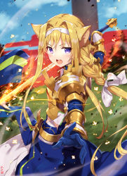 Rule 34 | 1girl, alice zuberg, animal ears, armor, blue eyes, blue gloves, blush, bow, braid, breastplate, cat ears, day, from side, gabiran, gloves, gold armor, grass, hair bow, hairband, highres, holding, holding sword, holding weapon, long hair, long sleeves, shoulder plates, solo, sword, sword art online, sword art online: alicization, teeth, upper teeth only, weapon, white bow, white hairband, wind