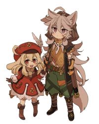 Rule 34 | 1boy, 1girl, ahoge, animal ears, blonde hair, blush, boots, brown footwear, brown gloves, closed mouth, clover, dress, feathers, four-leaf clover, genshin impact, gloves, green pants, grey hair, hair between eyes, hat, hat feather, holding hands, hood, hood up, iwashi (iwashi008), klee (genshin impact), long hair, long sleeves, low twintails, open mouth, orange gloves, pants, purple eyes, rabbit girl, razor (genshin impact), red dress, red eyes, red headwear, scar, scar on face, short sleeves, simple background, tail, teeth, twintails, upper teeth only, white background