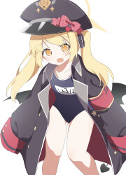 Rule 34 | 1girl, absurdres, alternate costume, armband, black hat, black ribbon, black tail, black wings, blonde hair, blue archive, blue one-piece swimsuit, blush, bow, collarbone, demon tail, demon wings, flat chest, grey hat, hair ribbon, halo, hat, hat bow, highres, ibuki (blue archive), jacket, looking at viewer, low wings, medium hair, military jacket, name tag, one-piece swimsuit, open clothes, open mouth, oversized clothes, peaked cap, red armband, red bow, ribbon, school swimsuit, school uniform, side ponytail, simple background, sleeves past fingers, sleeves past wrists, solo, standing, swimsuit, tail, thighs, utyuueituu, very long sleeves, white background, wings, yellow eyes, yellow halo