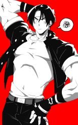 Rule 34 | 1boy, arms behind head, belt, black hair, blush, collarbone, embarrassed, fingerless gloves, gloves, headband, highres, jacket, kusanagi kyou, large pectorals, looking away, male focus, muscular, muscular male, parted bangs, pectorals, school uniform, shirt, short hair, solo, the king of fighters, tingenamo, white shirt