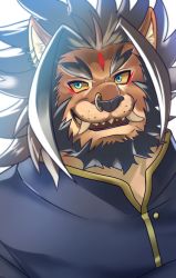 Rule 34 | 1boy, animal ears, barong (housamo), colored sclera, commentary request, ear piercing, facial mark, fangs, fangs out, forehead mark, furry, furry male, gold trim, highres, lion boy, lion ears, long hair, male focus, nose piercing, nose ring, piercing, ramusyutarou, smile, snout, solo, spiked hair, tokyo houkago summoners, upper body, white background, yellow sclera