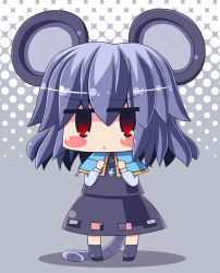 Rule 34 | 1girl, :&lt;, animal ears, bad id, bad pixiv id, black socks, blush stickers, chibi, deformed, dowsing rod, dress, female focus, grey hair, highres, jewelry, mouse ears, mouse tail, nazrin, no nose, oneb (daidokoro), red eyes, short hair, skirt, socks, solo, tail, touhou
