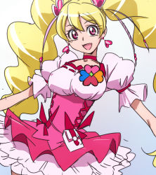 Rule 34 | 00s, 1girl, blonde hair, choker, cure peach, earrings, fresh precure!, frilled skirt, frills, heart, heart earrings, jewelry, long hair, looking at viewer, magical girl, momozono love, oimanji, open mouth, pink eyes, pink skirt, precure, skirt, smile, solo, twintails