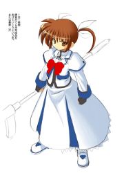 Rule 34 | 00s, 1girl, bow, bowtie, brown eyes, brown hair, clenched hand, dress, fingerless gloves, gloves, hair ribbon, holding, holding weapon, huge weapon, long sleeves, lyrical nanoha, magazine (weapon), magical girl, mahou shoujo lyrical nanoha, mahou shoujo lyrical nanoha a&#039;s, polearm, raising heart, red bow, red bowtie, red hair, ribbon, short hair, simple background, solo, standing, takamachi nanoha, takamachi nanoha (sacred mode), twintails, uniform, weapon, white background, white devil, white dress, white ribbon