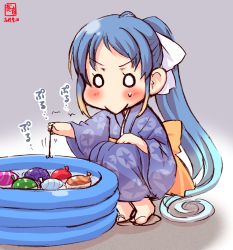 Rule 34 | 1girl, :&gt;, alternate costume, alternate hairstyle, artist logo, blue hair, blue kimono, commentary request, dated, floral print, full body, gradient hair, grey background, highres, hook, japanese clothes, kanon (kurogane knights), kantai collection, kimono, long hair, multicolored hair, o o, ponytail, samidare (kancolle), sandals, simple background, solo, squatting, swept bangs, very long hair, wading pool, water balloon, yukata