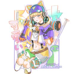 Rule 34 | + +, 1girl, :3, animal ear headphones, animal ears, animification, apex legends, bai lan mei yitian, baseball cap, blonde hair, blue eyes, cat ear headphones, character name, chinese commentary, electricity, facial scar, fake animal ears, gloves, grey shorts, hat, headphones, highres, jacket, knee pads, midriff, multicolored clothes, multicolored jacket, navel, nessie (respawn), official alternate costume, pointing, purple gloves, purple hat, purple jacket, scar, scar on cheek, scar on face, shorts, shoulder spikes, sitting, smile, solo, spikes, thunder kitty wattson, wattson (apex legends), yellow jacket