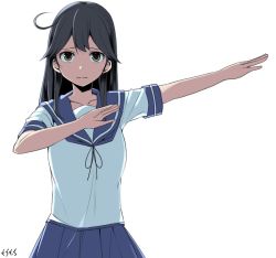 Rule 34 | 1girl, ahoge, artist name, black hair, blue sailor collar, blue skirt, breasts, brown eyes, collarbone, commentary request, hair over shoulder, henshin pose, kamen rider, kantai collection, long hair, moti coi, neckerchief, one-hour drawing challenge, pleated skirt, sailor collar, school uniform, serafuku, shaded face, short sleeves, simple background, skirt, solo, stretched limb, swept bangs, ushio (kancolle), wavy mouth, white background