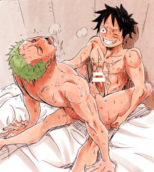 Rule 34 | 2boys, against wall, anal, artist request, camisado, censored, closed eyes, cum, cum on body, drooling, erection, happy sex, male focus, male penetrated, moaning, monkey d. luffy, multiple boys, one piece, open mouth, orgasm, penis, roronoa zoro, saliva, scar, sex, sitting, sitting on person, smile, teeth, wince, yaoi