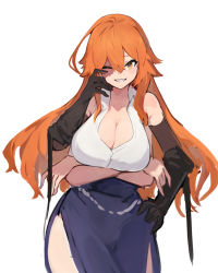 Rule 34 | 1girl, black gloves, blue pupils, blue skirt, breasts, brown gloves, cleavage, clothing cutout, crossed arms, elbow gloves, extra arms, gloves, hand on own hip, high-waist skirt, lansane, large breasts, long hair, looking at viewer, one eye closed, orange eyes, orange hair, original, pelvic curtain, quadriri (lansane), scar, sharp teeth, shirt, side cutout, skirt, smile, solo, standing, stitches, teeth, upper body, white shirt