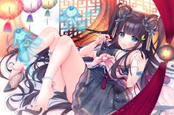 Rule 34 | 1girl, anklet, armlet, bare legs, barefoot, bead anklet, bead bracelet, beads, black panties, blue eyes, blunt bangs, blush, bracelet, breasts, bridal garter, bun cover, double bun, dress, fate/grand order, fate (series), feet, full body, grey dress, hair bun, hair ornament, indoors, jewelry, knees up, ko yu, large breasts, leaf hair ornament, leaf print, looking at viewer, lying, nail polish, on back, open mouth, panties, print dress, purple nails, shoes, single shoe, sleeveless, sleeveless dress, smile, solo, toe ring, toenails, toes, two side up, underwear, yang guifei (fate)