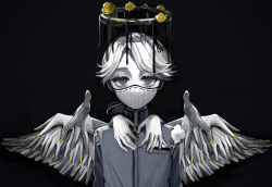 Rule 34 | 1boy, absurdres, aesop carl, artist name, black background, breast pocket, dripping, empty eyes, flower, grey eyes, halo, highres, hoge (n8sss), identity v, jewelry, male focus, mask, medium hair, mouth mask, nail polish, outstretched hand, plant, pocket, ponytail, ring, rose, simple background, solo, stitches, stuffing, surgical mask, symbolism, vines, wedding ring, white hair, wings, yellow flower, yellow nails, yellow rose