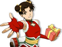 Rule 34 | 1girl, bare shoulders, box, breasts, brown eyes, brown hair, christmas, double bun, dress, elbow gloves, fingerless gloves, fur trim, gift, gift box, gloves, hair bun, holding, looking at viewer, naruto (series), naruto shippuuden, official art, red gloves, santa costume, santa dress, santa gloves, short hair, sleeveless, sleeveless dress, smile, tenten (naruto), thighhighs