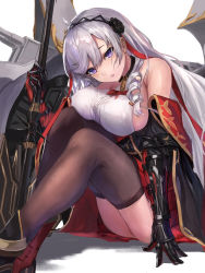 Rule 34 | 1girl, absurdres, ahoge, algerie (azur lane), arm support, ass, azur lane, bare shoulders, black flower, black hairband, black rose, black thighhighs, blush, breast rest, breasts, coat, collared shirt, commentary, covered erect nipples, drill hair, drill sidelocks, eyebrows hidden by hair, flower, hair between eyes, hair flower, hair ornament, hair ribbon, hairband, highres, holding, holding polearm, holding weapon, knees up, large breasts, long hair, looking at viewer, manichi, metal gloves, mole, mole under eye, multicolored coat, neck ribbon, off-shoulder coat, off shoulder, parted lips, pleated skirt, polearm, purple eyes, red ribbon, red skirt, ribbon, rigging, rose, shadow, shirt, sideboob, sidelocks, silver hair, simple background, sitting, skindentation, skirt, sleeveless, sleeveless shirt, solo, thighhighs, thighs, turret, two-tone coat, weapon, white background, white shirt