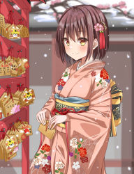 Rule 34 | 1girl, blush, brown hair, closed mouth, commentary request, ema, floral print, furisode, hatsumoude, highres, hirorinwelcome, japanese clothes, kimono, long sleeves, looking at viewer, new year, original, short hair, smile, snow, solo, wide sleeves, winter, yellow eyes