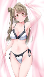 Rule 34 | 1girl, arm up, armpits, black bow, blunt bangs, blush, bow, bow panties, bra, breasts, cleavage, collarbone, curtains, earrings, floral print, grey hair, highres, jewelry, large breasts, long hair, looking at viewer, love live!, love live! school idol project, minami kotori, navel, panties, see-through, side-tie panties, side ponytail, simple background, sleeveless, smile, solo, standing, two-tone bra, two-tone panties, underwear, underwear only, white background, yellow eyes, yopparai oni