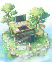 Rule 34 | absurdres, book, box, bucket, cable, cardboard box, cat, chair, commentary, computer, cup, desk, drawing tablet, envelope, flower, folder, grass, green theme, highres, keyboard (computer), leaf, mitsuki (yu hsiang yi), monitor, mouse (computer), mug, nature, no humans, original, overgrown, pebble, pink flower, plant, rain, revision, ripples, rock, ruins, scenery, spoon, still life, stuffed animal, stuffed cat, stuffed toy, stylus, table, tablet pc, trash can, tree, water, white flower, wooden bucket, wooden chair, wooden table, yellow flower