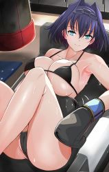 Rule 34 | 1girl, arm across waist, armpits, ass, bare legs, bikini, black gloves, blue eyes, boxing, boxing gloves, bra, breasts, chain, couch, dripping, exercising, gloves, hair intakes, highres, hololive, hololive english, knees up, looking at viewer, lying, nonoririn, on back, ouro kronii, punching bag, resting, shirt, short hair, sitting, smile, string bikini, sweat, sweaty clothes, swimsuit, thighs, towel, underwear, virtual youtuber, wet