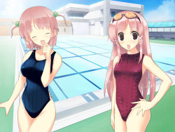 Rule 34 | 2girls, :d, blue one-piece swimsuit, cloud, competition swimsuit, day, closed eyes, game cg, goggles, goggles on head, hair bobbles, hair ornament, hand on own hip, hitomi sena, hitomi yomi, multiple girls, one-piece swimsuit, open mouth, outdoors, perspective, pink hair, pool, poolside, red eyes, red one-piece swimsuit, school, siblings, sisters, sky, smile, sukumizu 2, swimsuit, tachi-e