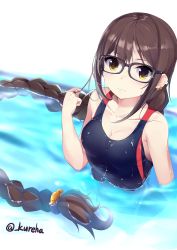Rule 34 | 1girl, akuta hinako, artist name, black-framed eyewear, blush, braid, breasts, brown hair, cleavage, collarbone, commentary request, earrings, fate/grand order, fate (series), glasses, highres, holding, holding hair, jewelry, kureha (angelite), long hair, looking at viewer, one-piece swimsuit, partially submerged, solo, swimsuit, twitter username, very long hair, water, watermark, wet, wet clothes, wet swimsuit, yellow eyes