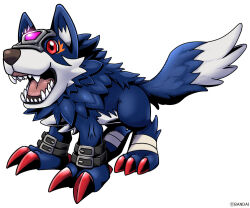 Rule 34 | animal ears, bandai, copyright name, digimon, digimon (creature), full body, loogamon, looking to the side, no humans, official art, open mouth, red eyes, simple background, smile, solo, tail, white background, wings, wolf, wolf ears, wolf tail