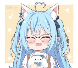 Rule 34 | 1girl, ^ ^, ahoge, animal ear fluff, animal ears, black-framed eyewear, black bow, blouse, blue hair, blush stickers, bow, brown background, brown dress, closed eyes, commentary, dress, facing viewer, glasses, hair bow, heart, heart ahoge, hololive, kemonomimi mode, kukie-nyan, long hair, multicolored hair, pointy ears, puffy short sleeves, puffy sleeves, sailor collar, sailor dress, shirt, short sleeves, sleeveless, sleeveless dress, solo, streaked hair, twitter username, two-tone background, two side up, upper body, virtual youtuber, white background, white sailor collar, white shirt, yukihana lamy, yukihana lamy (casual), yukimin (yukihana lamy)