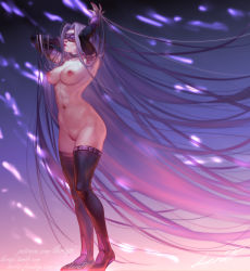 Rule 34 | 1girl, absurdly long hair, aleriia v, black thighhighs, blindfold, breasts, collar, facial mark, fate/stay night, fate (series), forehead mark, highres, large breasts, long hair, medusa (fate), medusa (rider) (fate), nail polish, navel, nipples, nude, purple hair, pussy, solo, standing, thighhighs, uncensored, very long hair