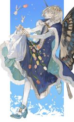 Rule 34 | 1boy, arthropod boy, blue cape, blue eyes, blue footwear, bug, butterfly, butterfly wings, cape, cloak, closed eyes, commentary, crown, diamond hairband, fate/grand order, fate (series), flower, full body, fur-trimmed cloak, fur trim, gold trim, grey hair, holding, holding clothes, insect, insect wings, long sleeves, male focus, medium hair, oberon (fate), puffy sleeves, smile, solo, surume (su1193), tassel, white fur, white hair, wings