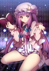 Rule 34 | &gt;:), 1girl, argyle, argyle background, argyle clothes, bad id, bad pixiv id, blunt bangs, book, bow, chemise, crescent, female focus, hair bow, hat, highres, light particles, long hair, magic, masaru.jp, patchouli knowledge, pointing, purple eyes, purple hair, sidelocks, smile, solo, star (symbol), striped, thighs, touhou, v-shaped eyebrows, very long hair