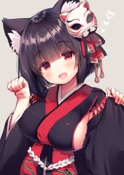 Rule 34 | 1girl, :d, animal ear fluff, animal ears, azur lane, black hair, black kimono, blush, breasts, cat ears, cat mask, commentary request, fang, fingernails, grey background, hair between eyes, hands up, head tilt, heart, highres, japanese clothes, kimono, large breasts, long sleeves, looking at viewer, mask, mask on head, obi, open mouth, paw pose, pinching sleeves, red eyes, sash, short hair, sideboob, simple background, sleeves past wrists, smile, usashiro mani, wide sleeves, yamashiro (azur lane)