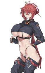 Rule 34 | 1girl, bottomless, breasts, chaps, fingerless gloves, flower, gloves, hair bun, hair flower, hair ornament, hair stick, hand on own hip, highres, large breasts, original, red eyes, red hair, revealing clothes, scarf, short hair, simple background, single hair bun, solo, standing, stomach, thong, underboob, urec, white background