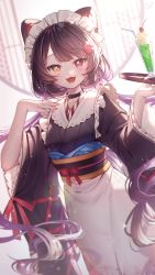 Rule 34 | 1girl, :d, animal ears, apron, black collar, brown hair, brown kimono, collar, cup, dog ears, drinking glass, drinking straw, fangs, floating hair, heterochromia, highres, holding, holding tray, inui toko, japanese clothes, kimono, long hair, long sleeves, maid, maid headdress, nijisanji, nurumi p, open mouth, red eyes, red ribbon, ribbon, smile, solo, tray, twintails, very long hair, virtual youtuber, wa maid, white apron, wide sleeves, yellow eyes
