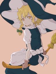 Rule 34 | &gt;:/, 1girl, :/, apron, bamboo broom, braid, broom, broom riding, commentary, from behind, frown, fumi (lozld), gloves, hat, kirisame marisa, looking at viewer, looking back, short hair, short sleeves, side braid, single braid, solo, touhou, turtleneck, v-shaped eyebrows, waist apron, witch, witch hat, yellow eyes