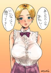 Rule 34 | 1girl, blonde hair, blue eyes, blush, bow, bowtie, breasts, button shirt, earrings, jewelry, king (snk), large breasts, pants, shirt tucked in, short hair, the king of fighters, tucon b