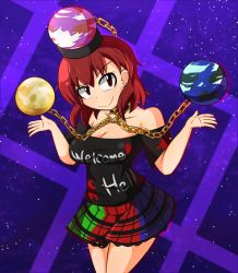 Rule 34 | &gt;:), 1girl, breasts, chain, choker, cleavage, clothes writing, cocked eyebrow, earth (ornament), earth (planet), gradient background, hat, head tilt, heart, hecatia lapislazuli, looking at viewer, manorea, moon, moon (ornament), multicolored clothes, multicolored skirt, off-shoulder shirt, off shoulder, planet, red eyes, red hair, shirt, short hair, skirt, solo, touhou, v-shaped eyebrows