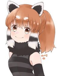 Rule 34 | 1girl, animal ears, bare shoulders, black hair, brown hair, cthun n, elbow gloves, extra ears, gloves, grey hair, highres, kemono friends, long hair, looking at viewer, multicolored hair, ponytail, red panda (kemono friends), red panda ears, red panda girl, scarf, simple background, sleeveless, smile, solo, sweater, upper body