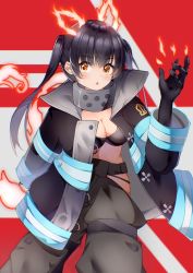 Rule 34 | 1girl, baggy pants, black bra, black coat, black gloves, black hair, blush, bra, breasts, chinese commentary, cleavage, coat, commentary request, en&#039;en no shouboutai, fire, gloves, grey pants, long sleeves, medium breasts, medium hair, open clothes, open coat, open mouth, pants, solo, tamaki kotatsu, twintails, underwear, ye zhaolan, yellow eyes