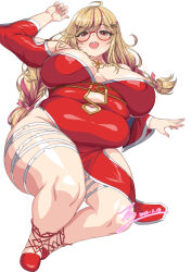 Rule 34 | 1girl, ahoge, arm up, blonde hair, blush, breasts, breasts apart, burger hair ornament, commentary request, commission, dated, dot nose, dress, fat, food-themed hair ornament, full body, glasses, hair ornament, highres, huge breasts, jewelry, korean commentary, long hair, long sleeves, looking at viewer, low-tied long hair, mjk1988114&#039;s character, mole, mole on stomach, mole under eye, multicolored hair, navel, necklace, open hands, open mouth, original, pink hair, pixiv commission, rantia, red eyes, red footwear, semi-rimless eyewear, shoes, signature, solo, strapless, strapless dress, streaked hair, tareme, thick thighs, thighs, two-tone hair, under-rim eyewear, wide sleeves