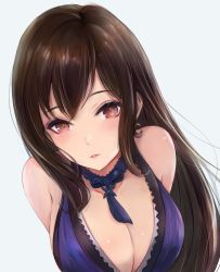 Rule 34 | 1girl, arms behind back, bare shoulders, black hair, blush, breasts, cleavage, collarbone, crescent, crescent earrings, crescent moon, dress, earrings, final fantasy, final fantasy vii, final fantasy vii remake, jewelry, large breasts, leonmandala, long hair, looking at viewer, moon, parted lips, purple dress, red eyes, sidelocks, simple background, sleeveless, sleeveless dress, solo, tifa lockhart, tifa lockhart (refined dress), wall market