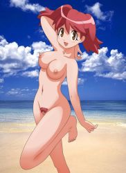 Rule 34 | 1girl, arm behind head, arm up, barefoot, beach, blush, breasts, brown eyes, cloud, colored pubic hair, completely nude, day, female pubic hair, hinata natsumi, keroro gunsou, medium breasts, navel, nipples, nude, open mouth, outdoors, pubic hair, pussy, red hair, red pubic hair, solo, twintails, uncensored