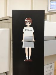 Rule 34 | 1girl, arms at sides, blunt bangs, brown footwear, brown hair, canon (company), dress, full body, glasses, highres, logo, looking at viewer, original, panasonynet, patterned clothing, photo (medium), screen, shoes, short hair, socks, solo, standing, unconventional media, white socks